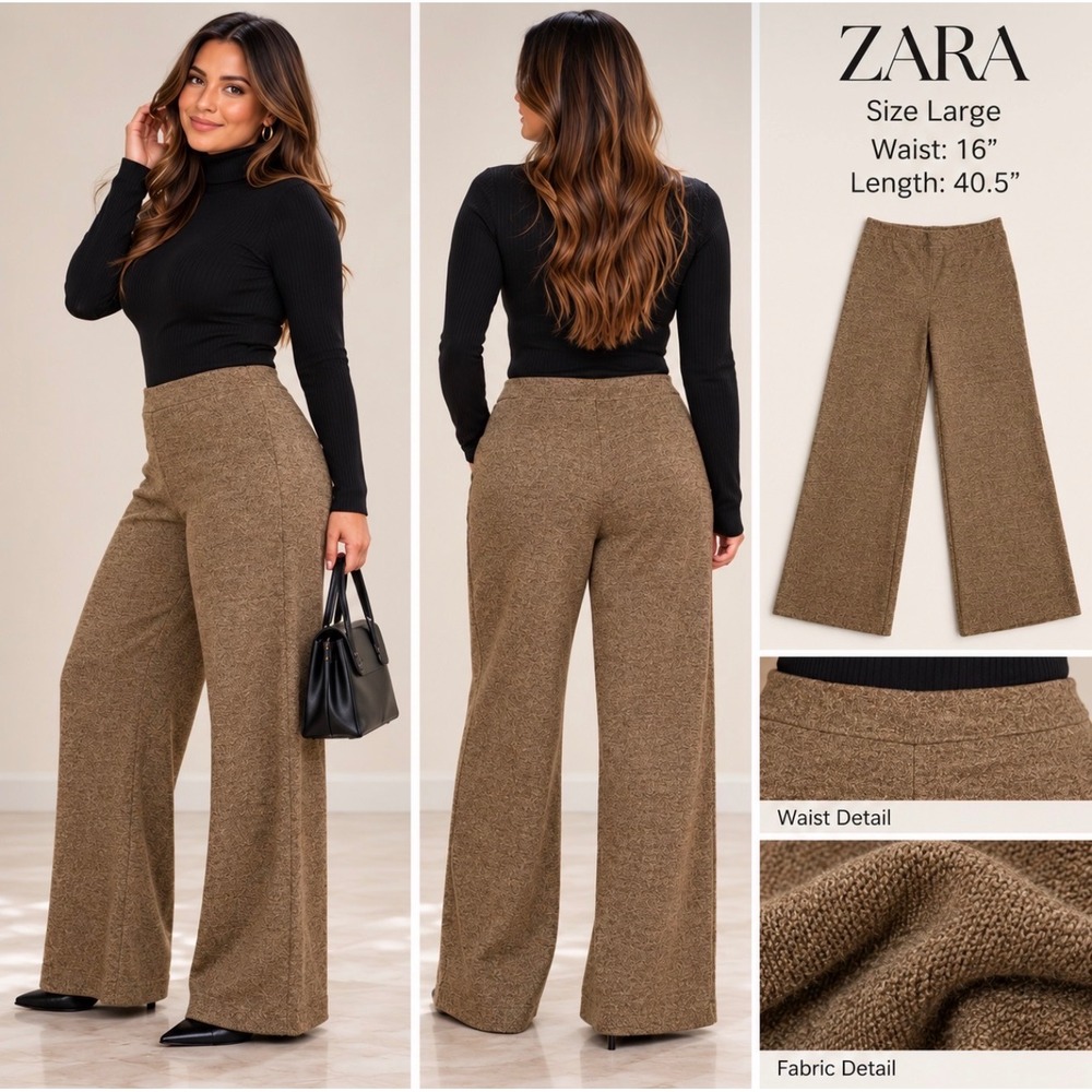 ZARA Brown Marled Wide Leg Pants Womens Large High Rise Cotton Blend Trousers